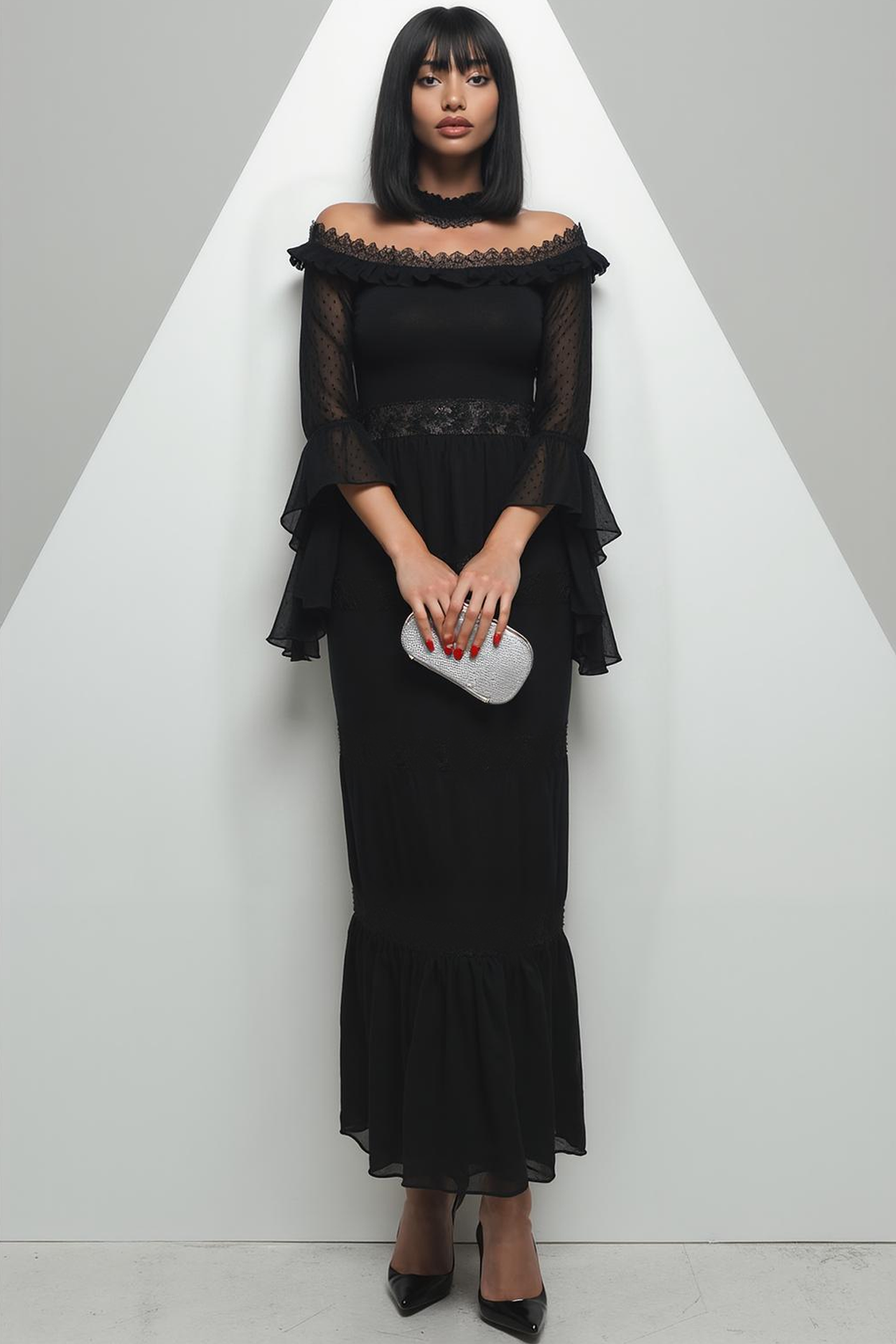 Black Chiffon Mermaid Ruffled Long Evening Dress with Sleeves