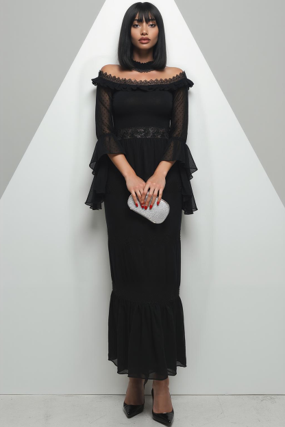 Black Chiffon Mermaid Ruffled Long Evening Dress with Sleeves