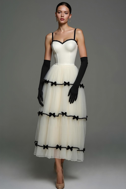 Leely Women White Black Long Formal Dress with Bows A Line Spaghetti Straps Evening Dress