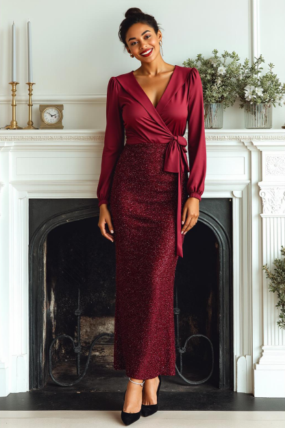 Leely Women Glitter Cabernet Satin Sheath Formal Dress V-Neck Maxi Evening Dress with Sleeves