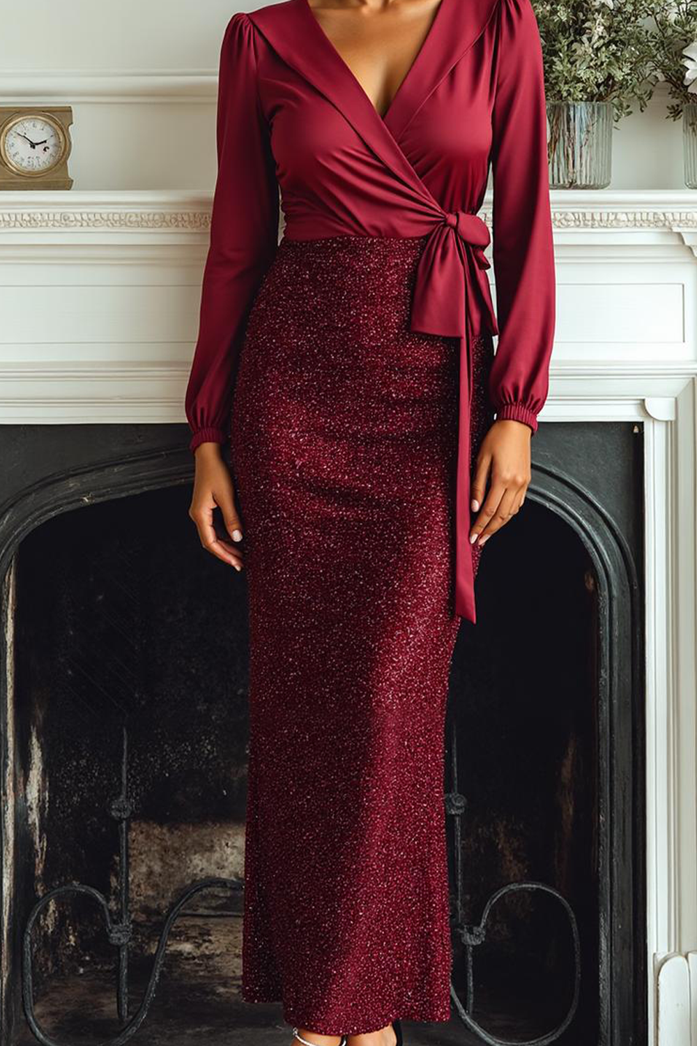 Glitter Cabernet Satin V-Neck Maxi Formal Dress with Sleeves