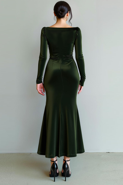 Dark Green Mermaid Velvet Long Formal Dress with Sleeves