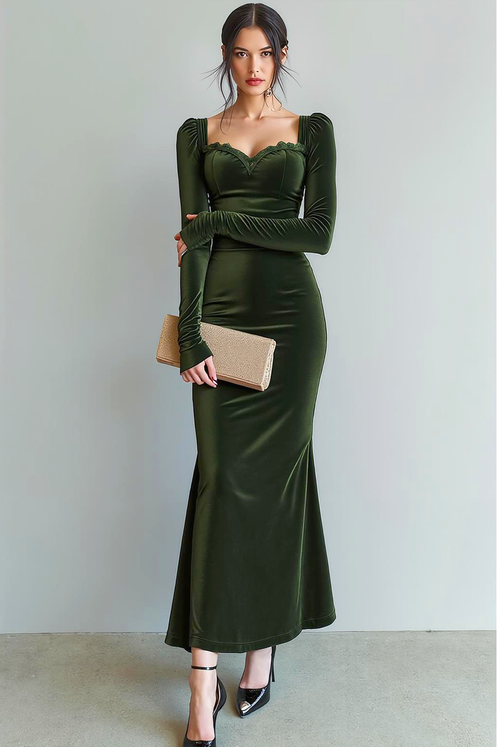 Dark Green Mermaid Velvet Long Formal Dress with Sleeves
