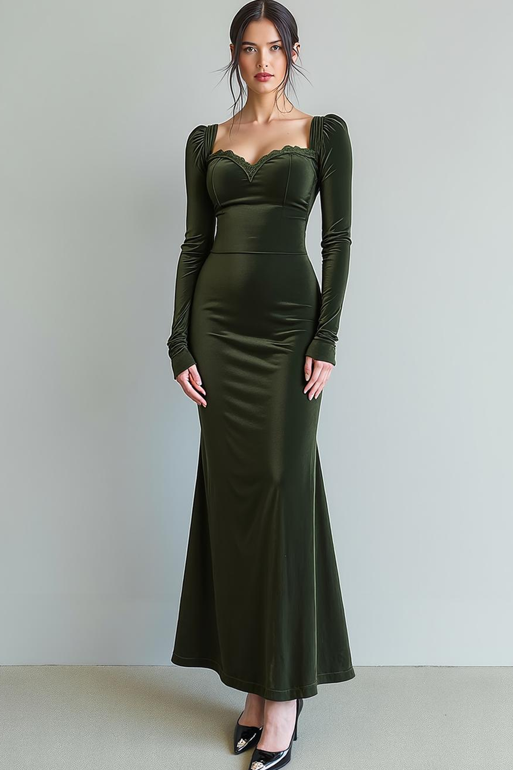 Dark Green Mermaid Velvet Long Formal Dress with Sleeves