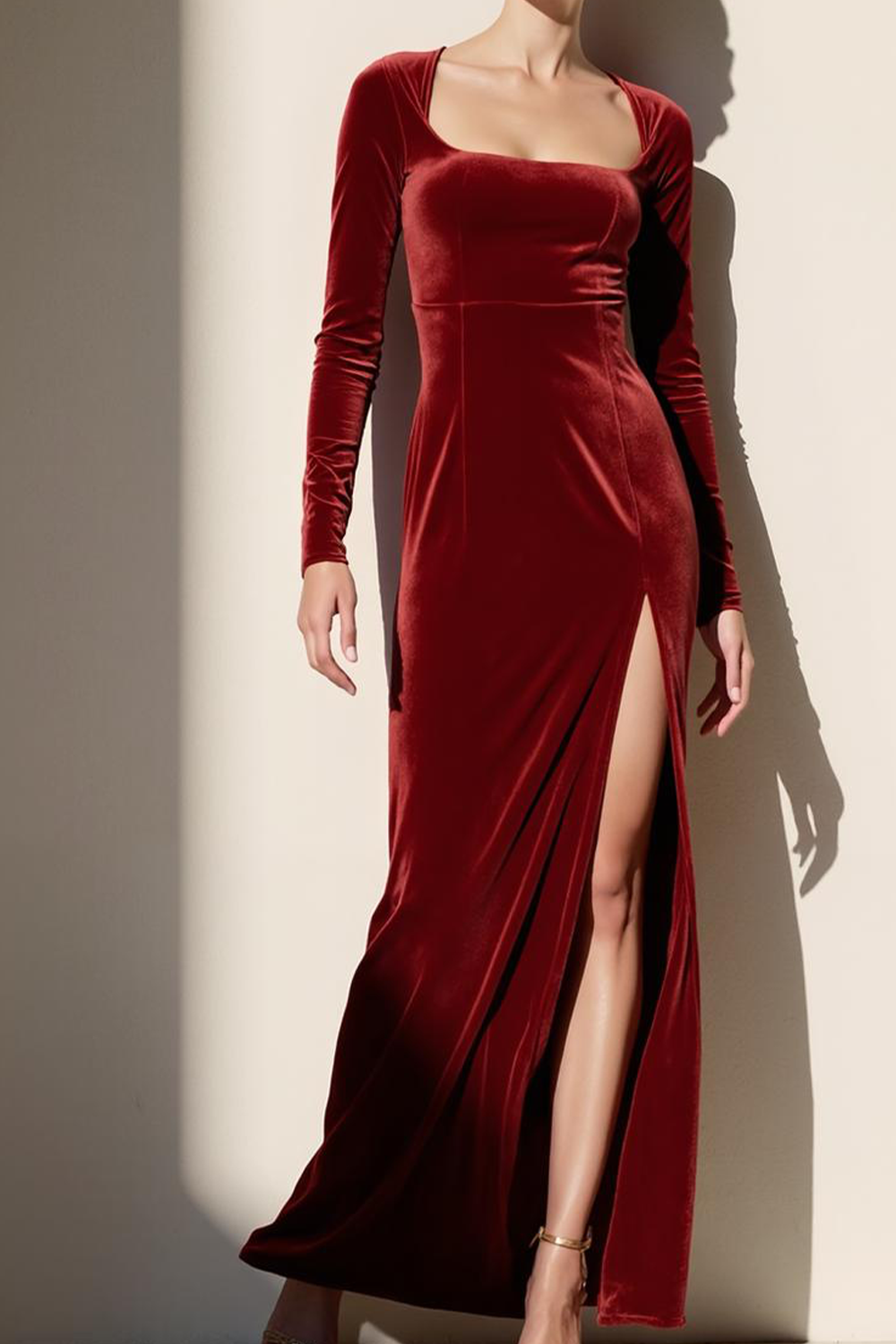 Cabernet Velvet Square Neck Maxi Formal Dress with Sleeves