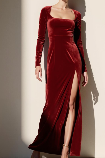 Cabernet Velvet Square Neck Maxi Formal Dress with Sleeves