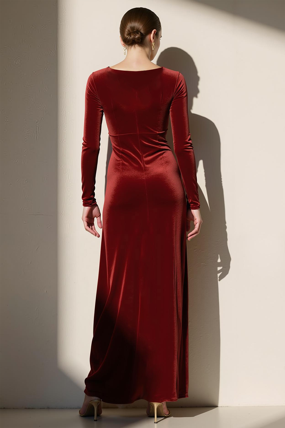 Cabernet Velvet Square Neck Maxi Formal Dress with Sleeves