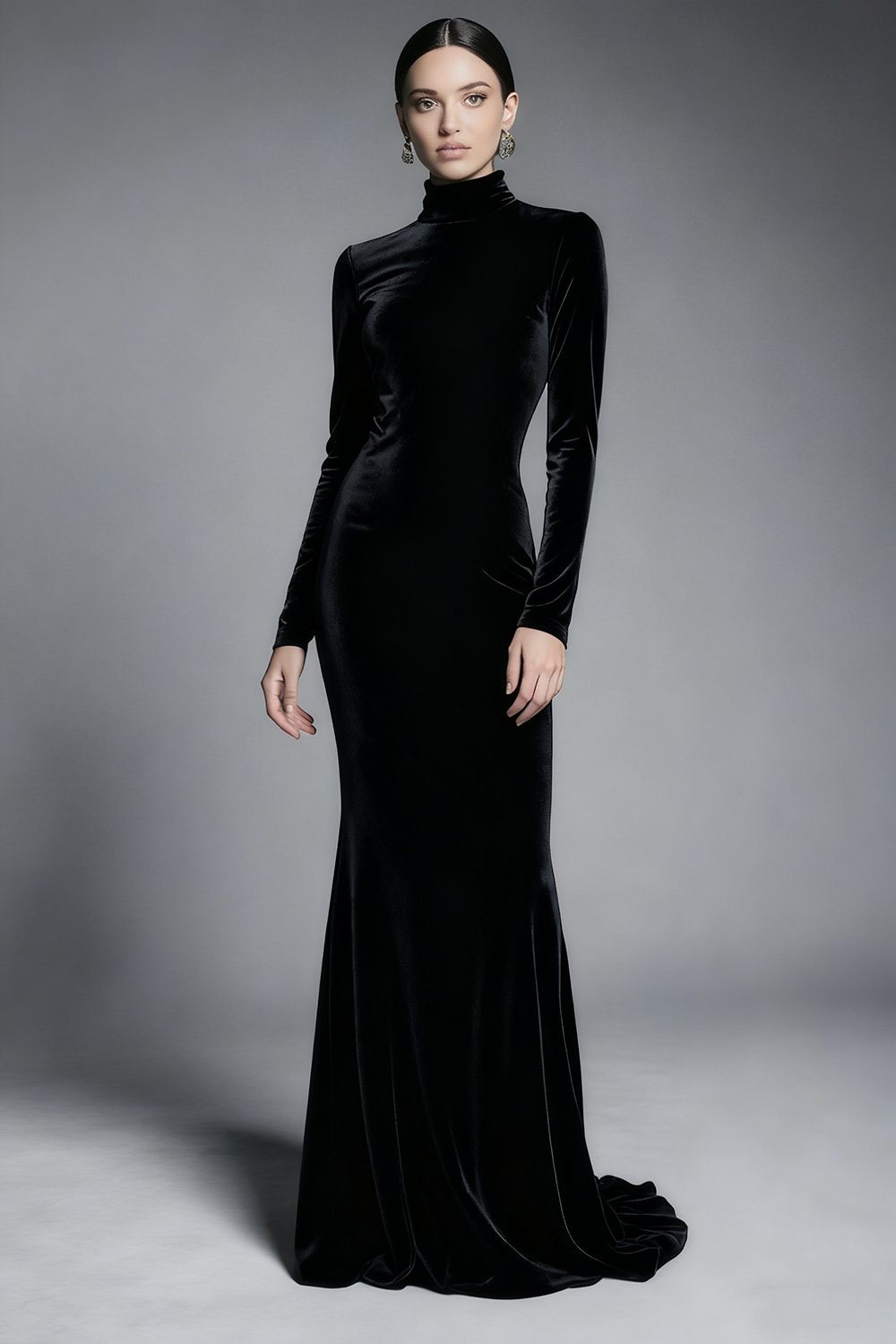 Leely Women Cabernet Velvet Sweep Train Formal Dress with Sleeves Mermaid High Neck Holiday Party Dress