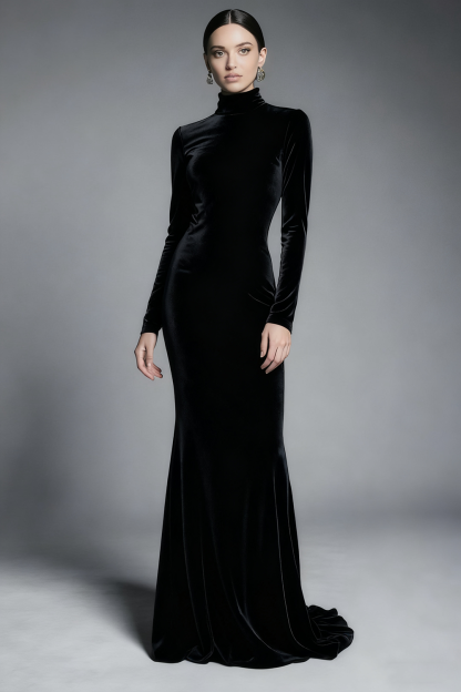 Leely Women Cabernet Velvet Sweep Train Formal Dress with Sleeves Mermaid High Neck Holiday Party Dress