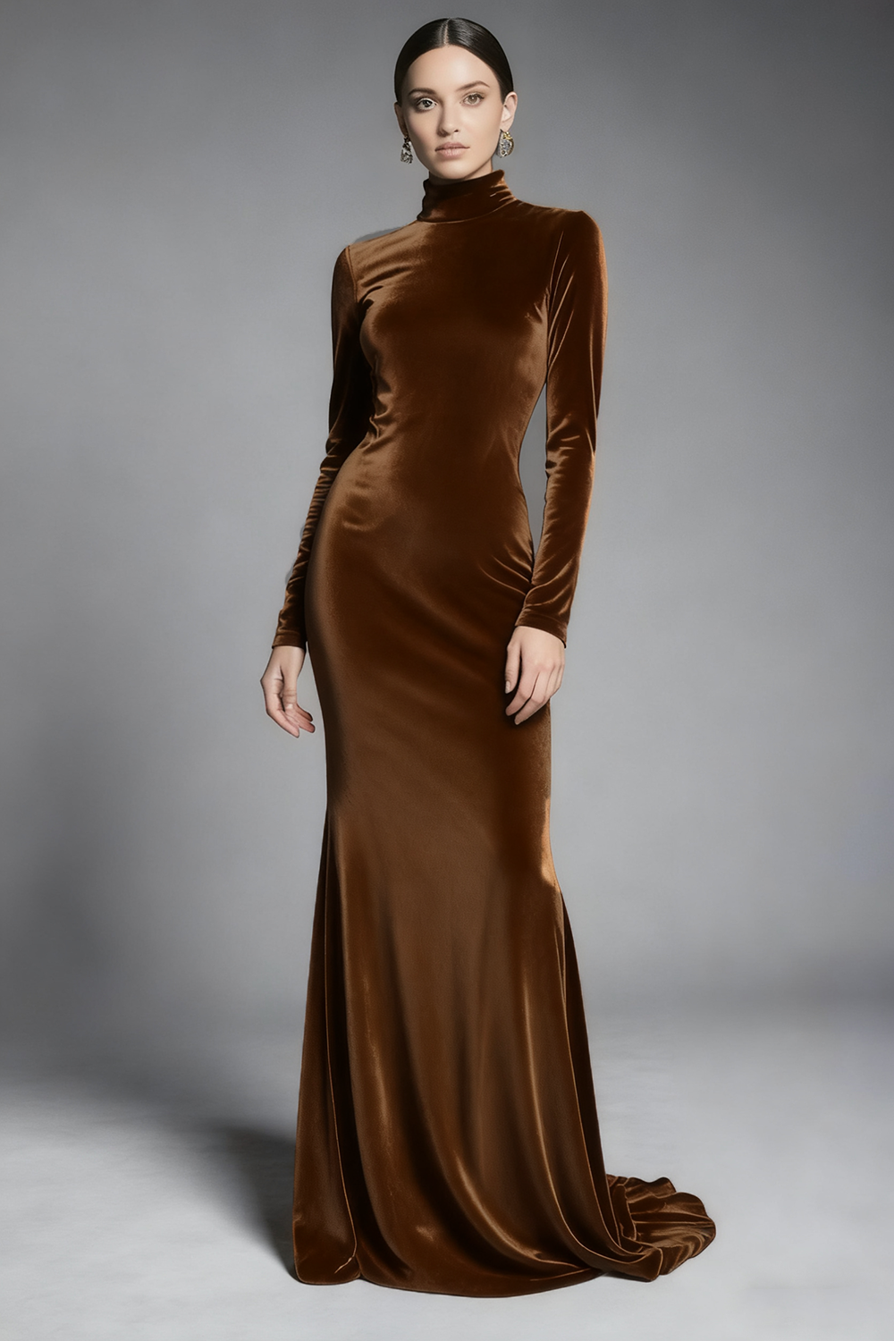 Cabernet Velvet High Neck Sweep Train Formal Dress with Sleeves
