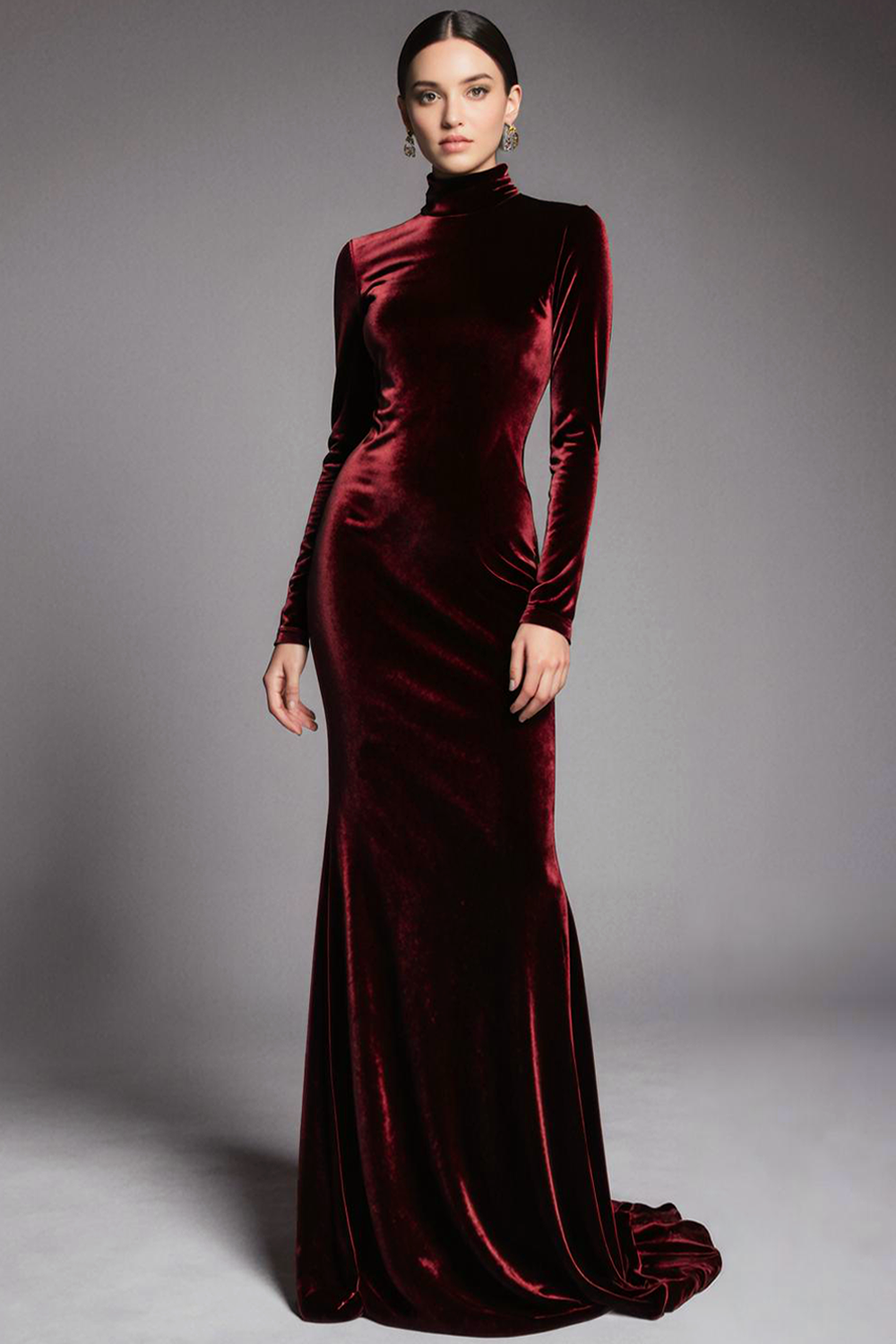 Cabernet Velvet High Neck Sweep Train Formal Dress with Sleeves