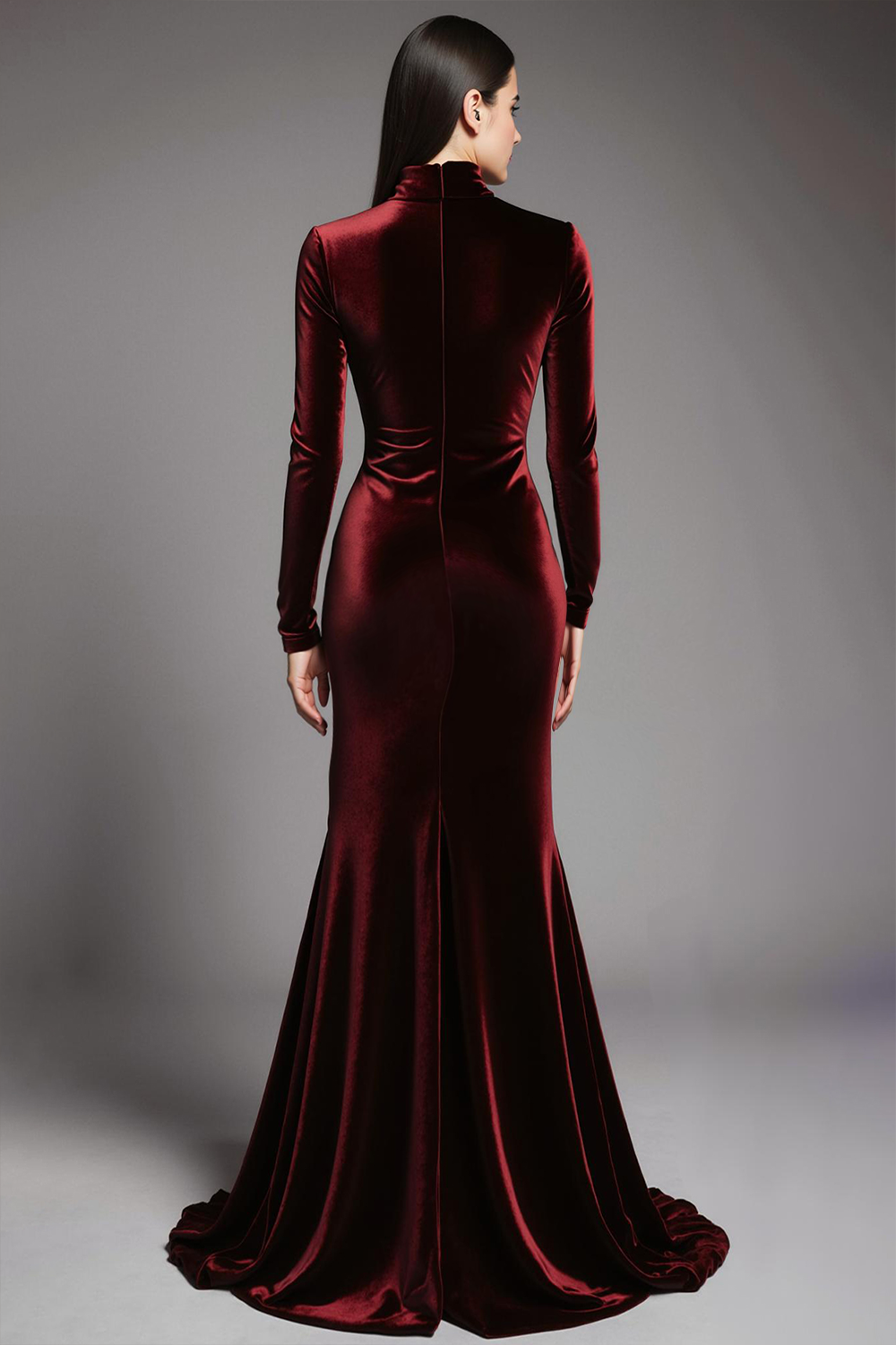 Cabernet Velvet High Neck Sweep Train Formal Dress with Sleeves