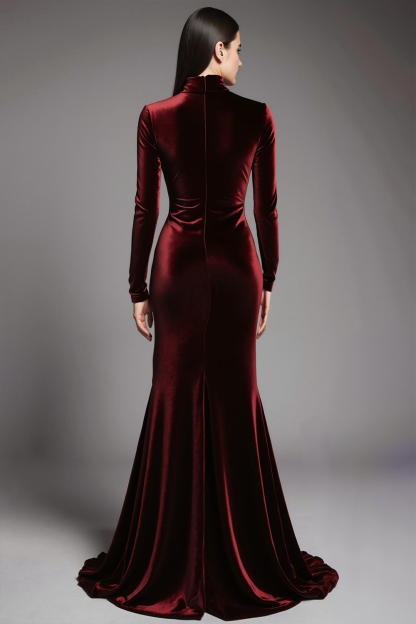 Cabernet Velvet High Neck Sweep Train Formal Dress with Sleeves