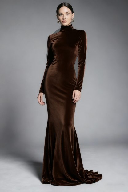 Cabernet Velvet High Neck Sweep Train Formal Dress with Sleeves
