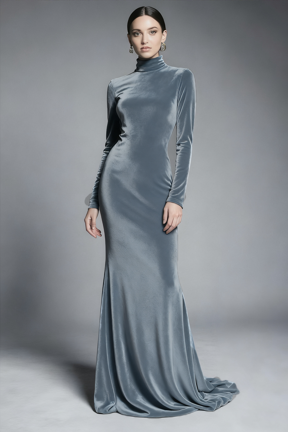 Cabernet Velvet High Neck Sweep Train Formal Dress with Sleeves