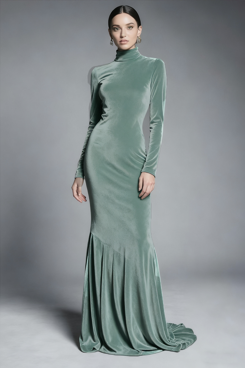 Cabernet Velvet High Neck Sweep Train Formal Dress with Sleeves