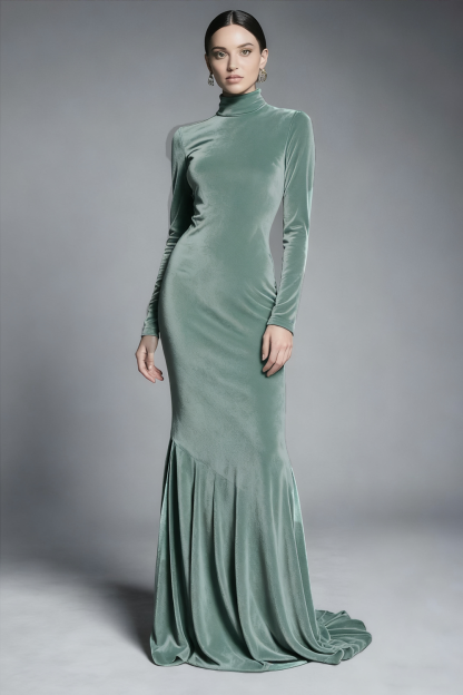 Cabernet Velvet High Neck Sweep Train Formal Dress with Sleeves