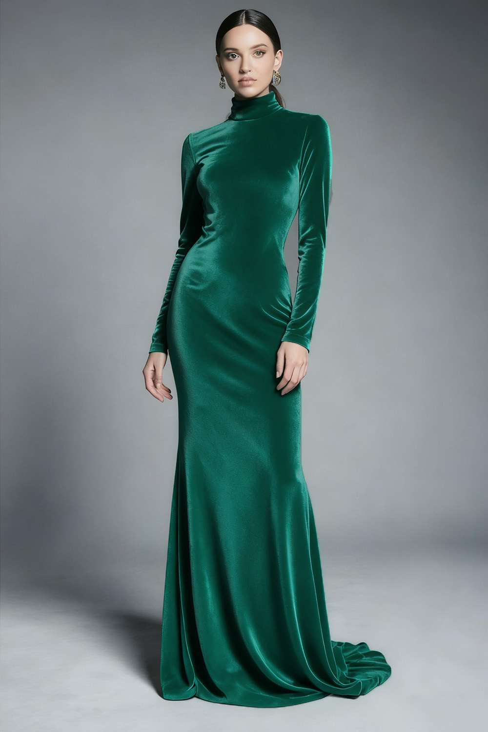 Cabernet Velvet High Neck Sweep Train Formal Dress with Sleeves