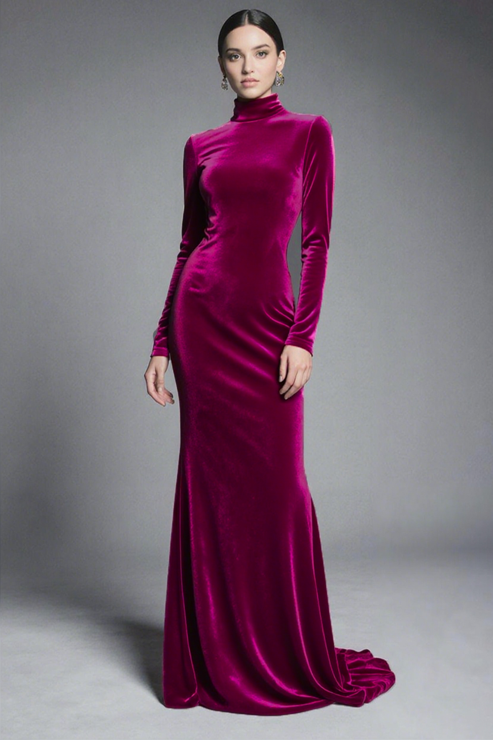 Cabernet Velvet High Neck Sweep Train Formal Dress with Sleeves