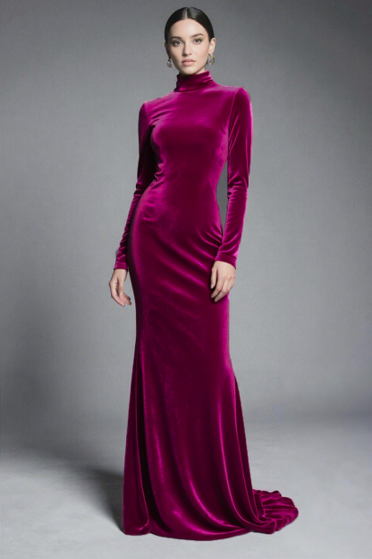 Cabernet Velvet High Neck Sweep Train Formal Dress with Sleeves