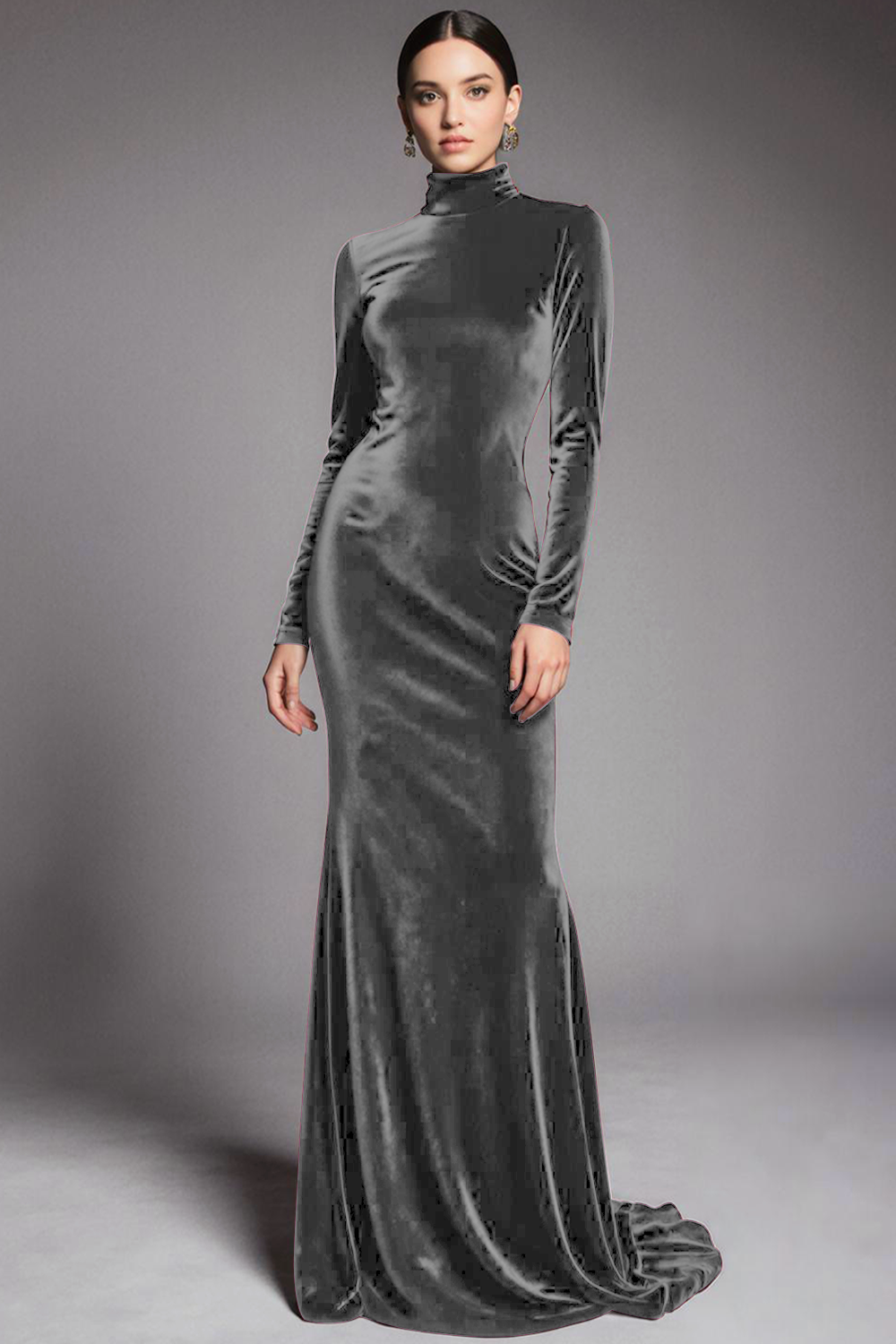 Cabernet Velvet High Neck Sweep Train Formal Dress with Sleeves