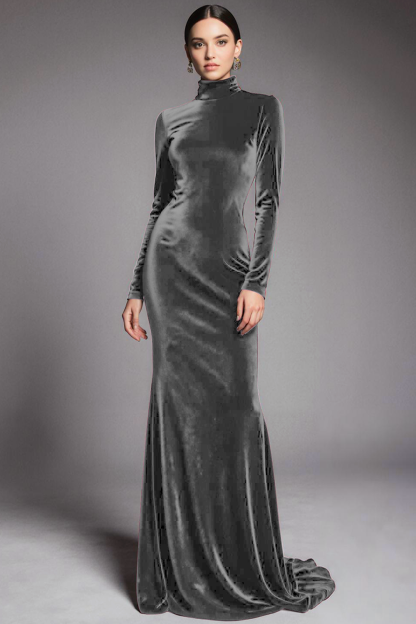 Cabernet Velvet High Neck Sweep Train Formal Dress with Sleeves