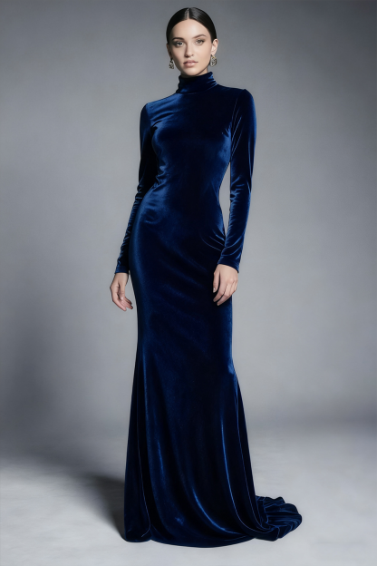Cabernet Velvet High Neck Sweep Train Formal Dress with Sleeves