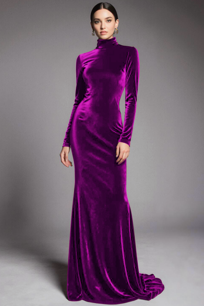 Cabernet Velvet High Neck Sweep Train Formal Dress with Sleeves