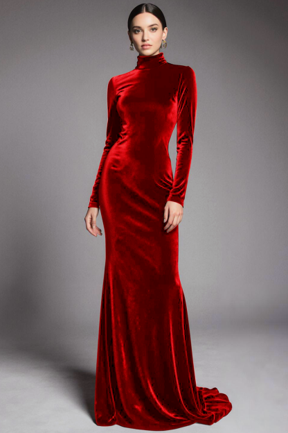 Cabernet Velvet High Neck Sweep Train Formal Dress with Sleeves