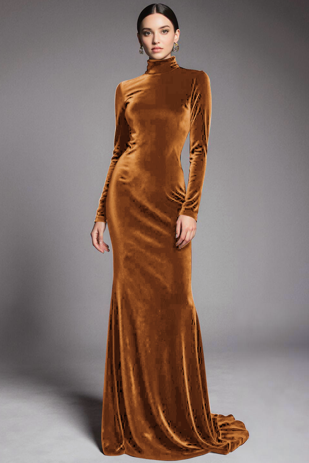 Cabernet Velvet High Neck Sweep Train Formal Dress with Sleeves