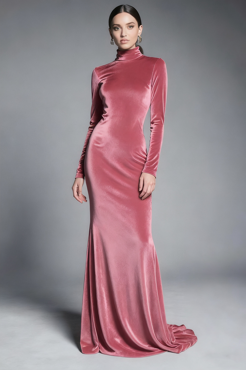 Cabernet Velvet High Neck Sweep Train Formal Dress with Sleeves