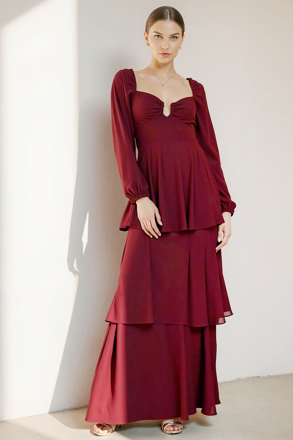 Leely Women Cabernet Chiffon Long Evening Dress with Sleeves Tiered A Line Formal Dress