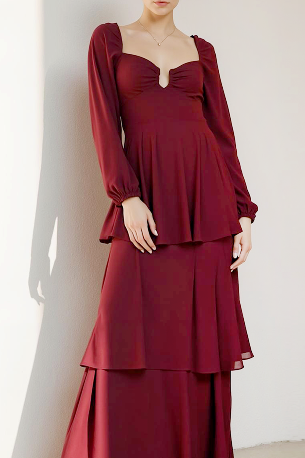 Cabernet Chiffon Tiered Long Evening Dress with Sleeves