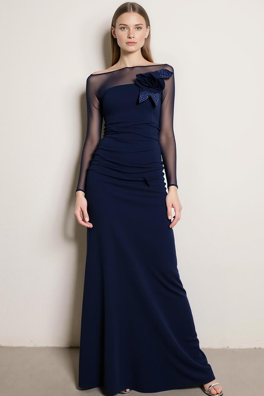 Leely Women Navy Chiffon Long Evening Dress with 3D Flower Bateau Neck Sheath Formal Dress with Sleeves