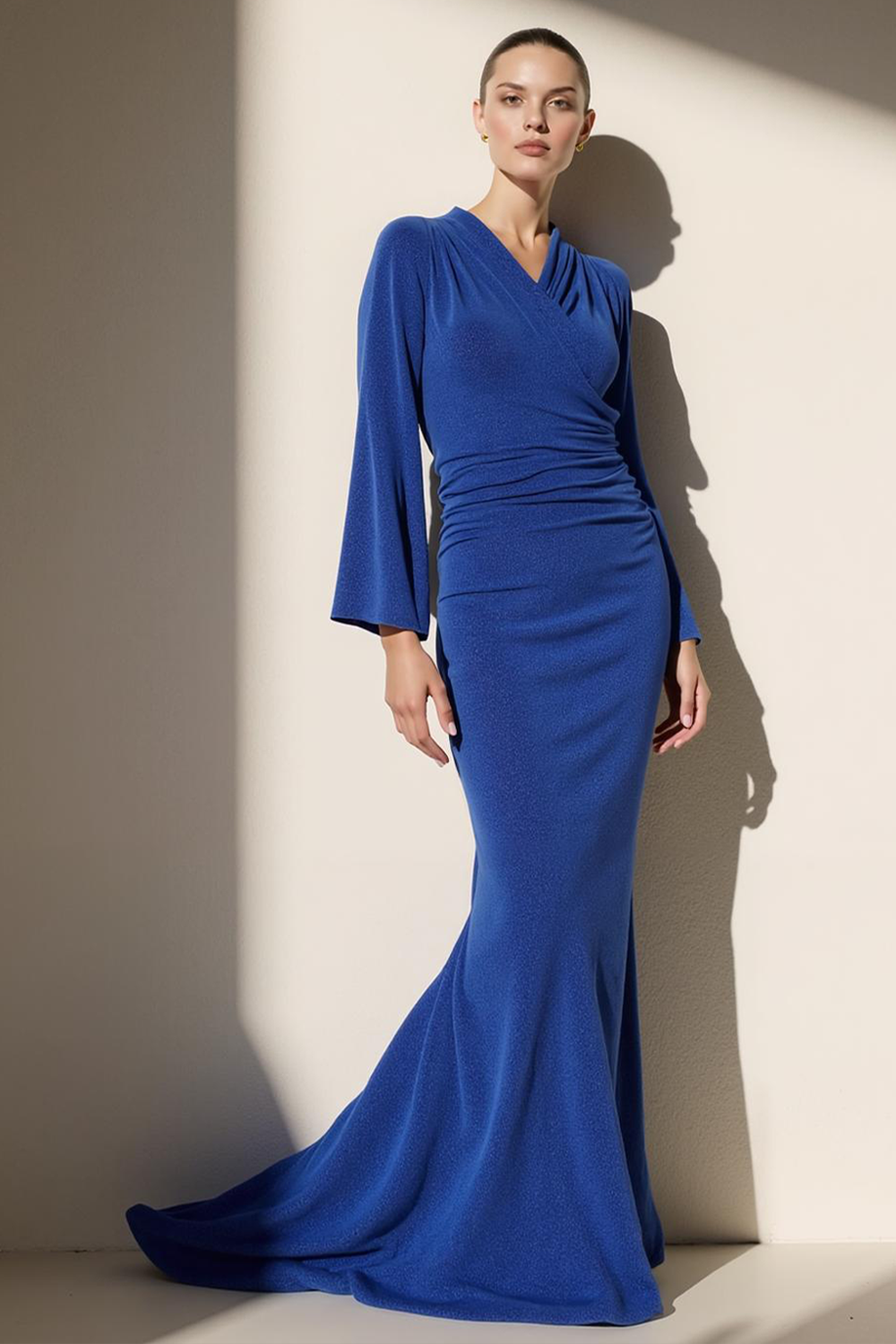Leely Women Blue Mermaid Sweep Train Formal Dress with Sleeves Velvet V-Neck Holiday Party Dress
