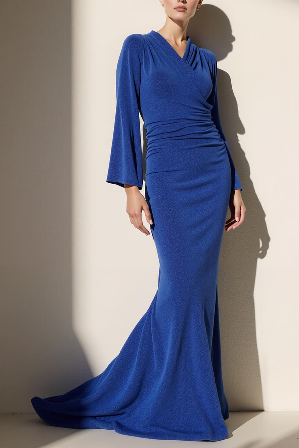 Blue Mermaid V-Neck Velvet Sweep Train Formal Dress with Sleeves