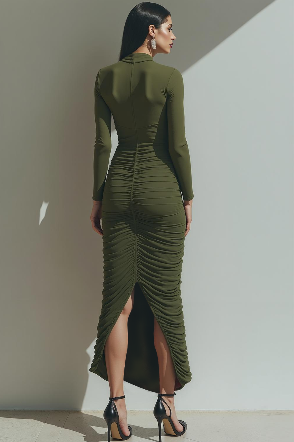 Olive Sheath Ruched Chiffon Long Evening Dress with Sleeves
