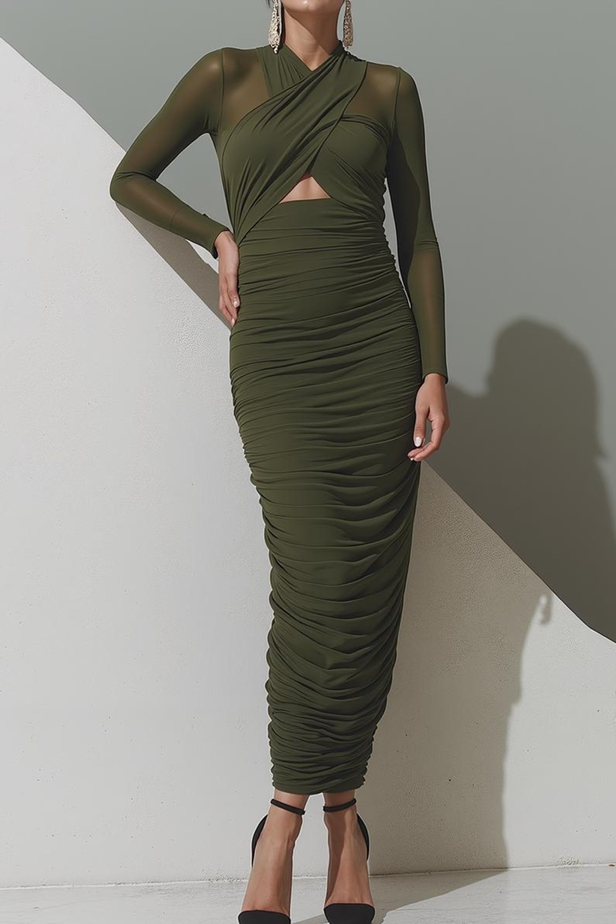 Olive Sheath Ruched Chiffon Long Evening Dress with Sleeves