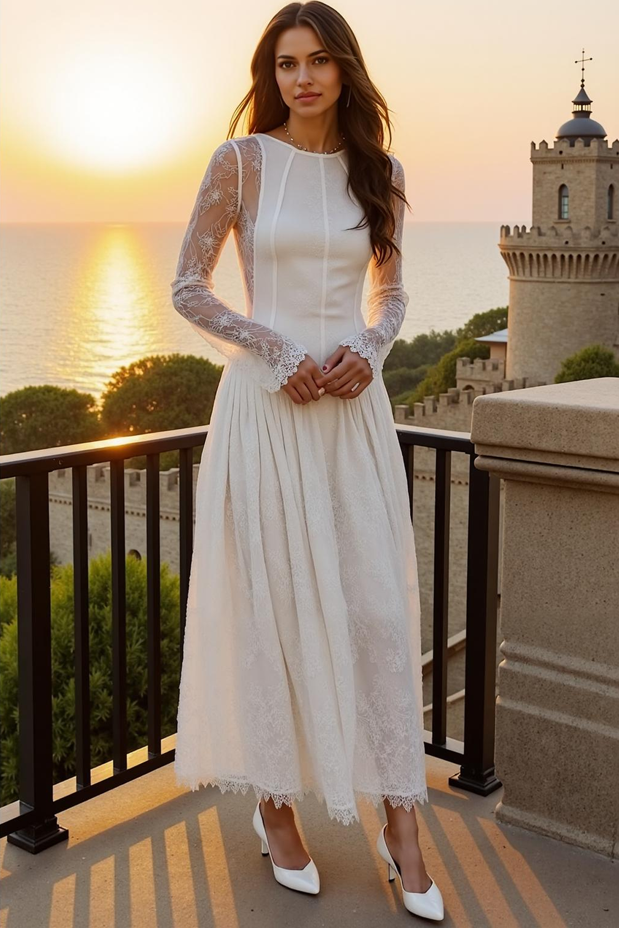 Leely Women White Lace Maxi Formal Dress A Line Boat Neck Evening Dress with Sleeves