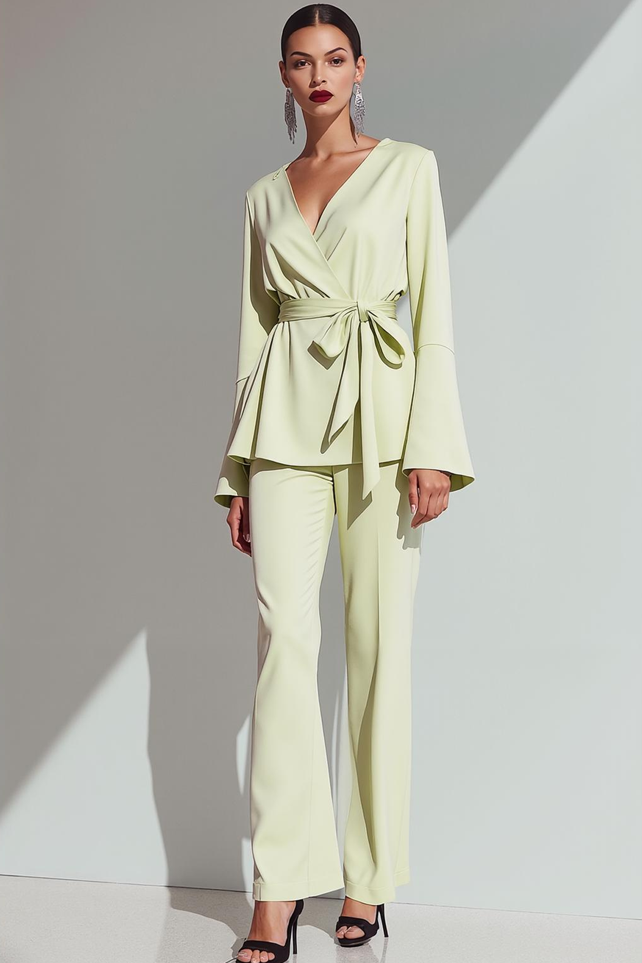 Leely Women Light Green 2 Piece Formal Suit Long Sleeves V-Neck Trouser Suit with Sash