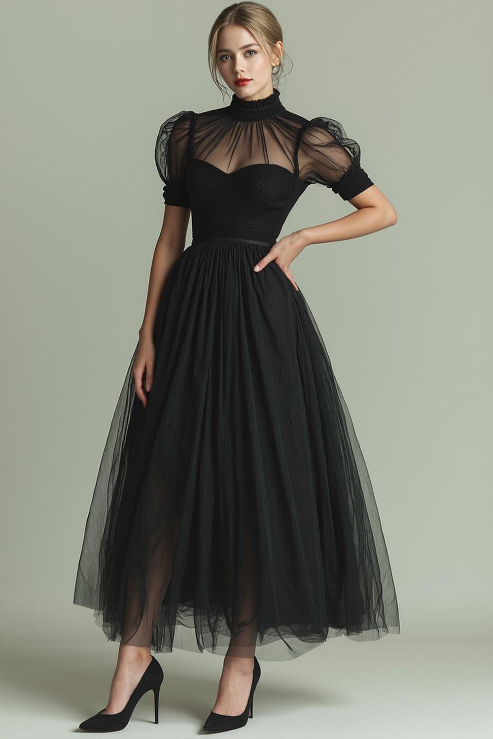 Black High Neck A Line Long Evening Dress with Pockets