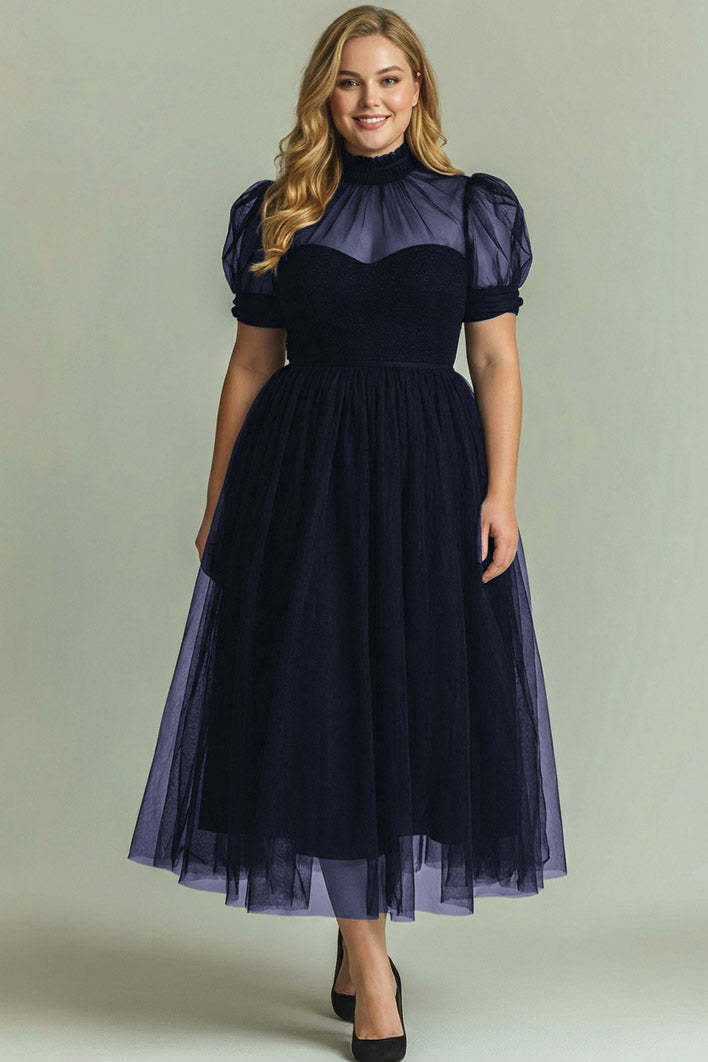 Black Long High Neck Plus Size A Line Formal Dress with Sleeves