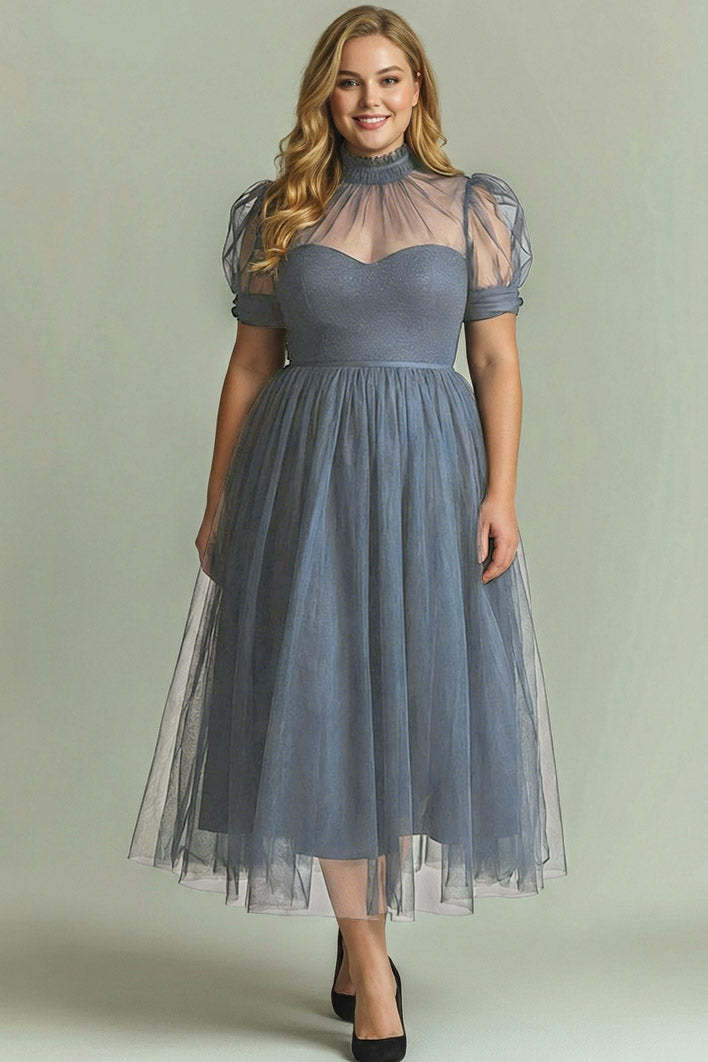 Black Long High Neck Plus Size A Line Formal Dress with Sleeves