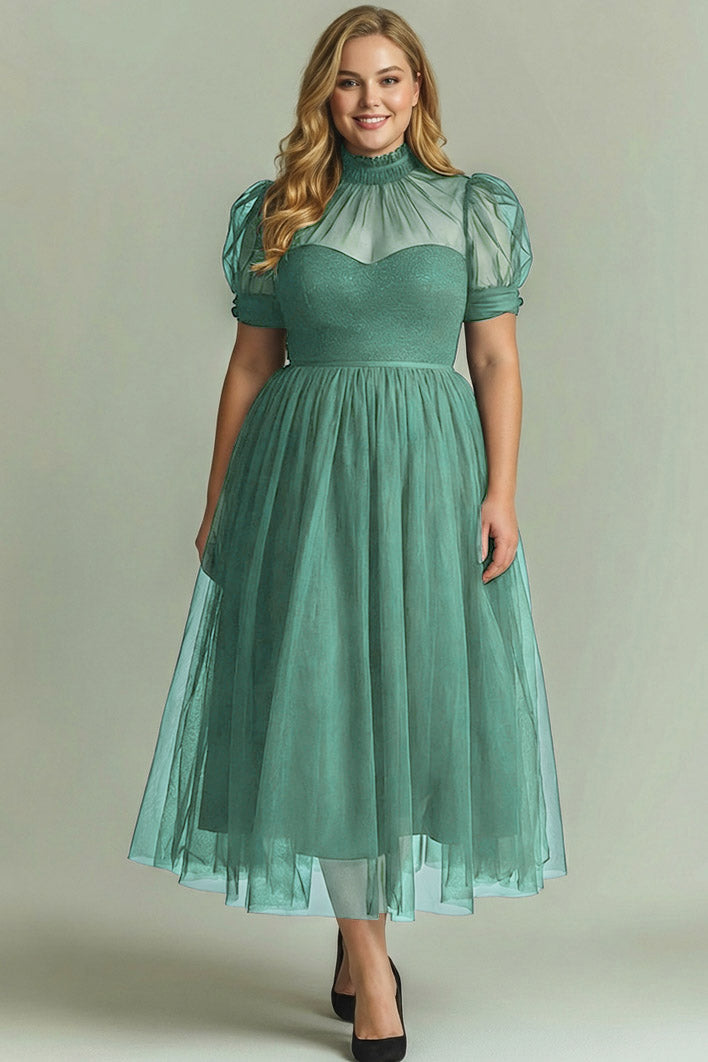 Black Long High Neck Plus Size A Line Formal Dress with Sleeves