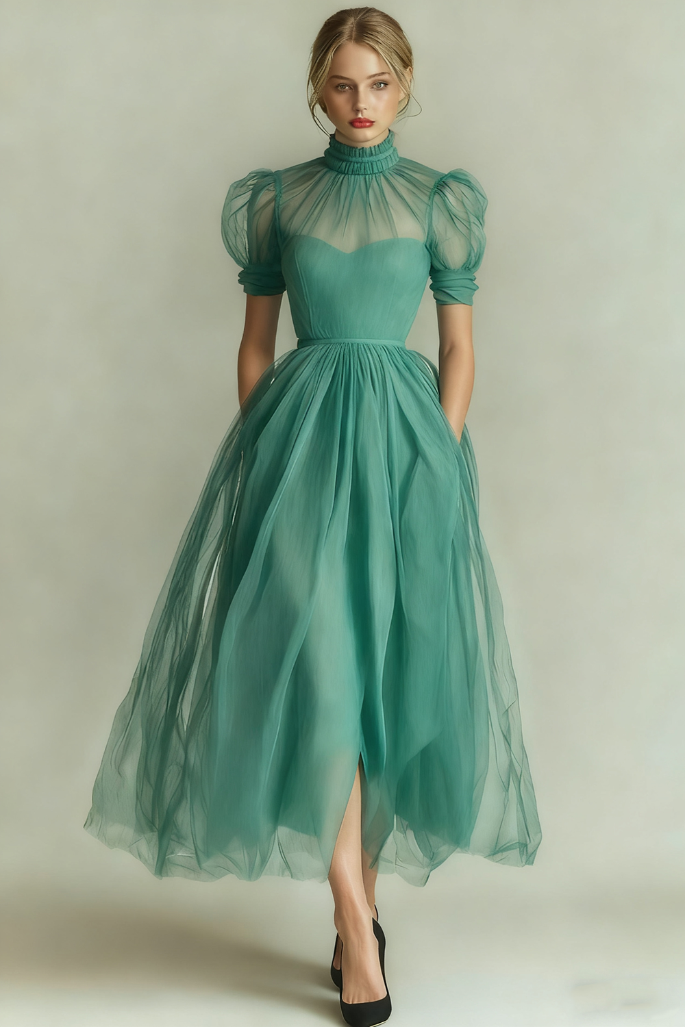 Black High Neck A Line Long Evening Dress with Pockets