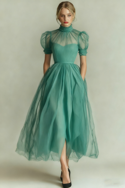 Black High Neck A Line Long Evening Dress with Pockets