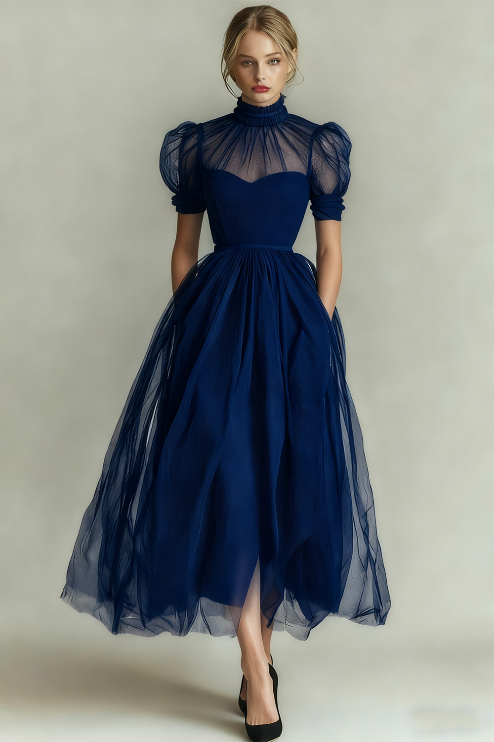 Black High Neck A Line Long Evening Dress with Pockets