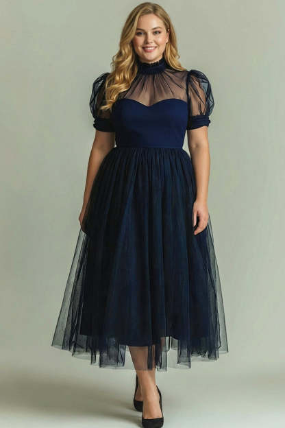 Black Long High Neck Plus Size A Line Formal Dress with Sleeves