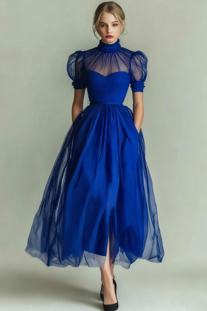 Black High Neck A Line Long Evening Dress with Pockets