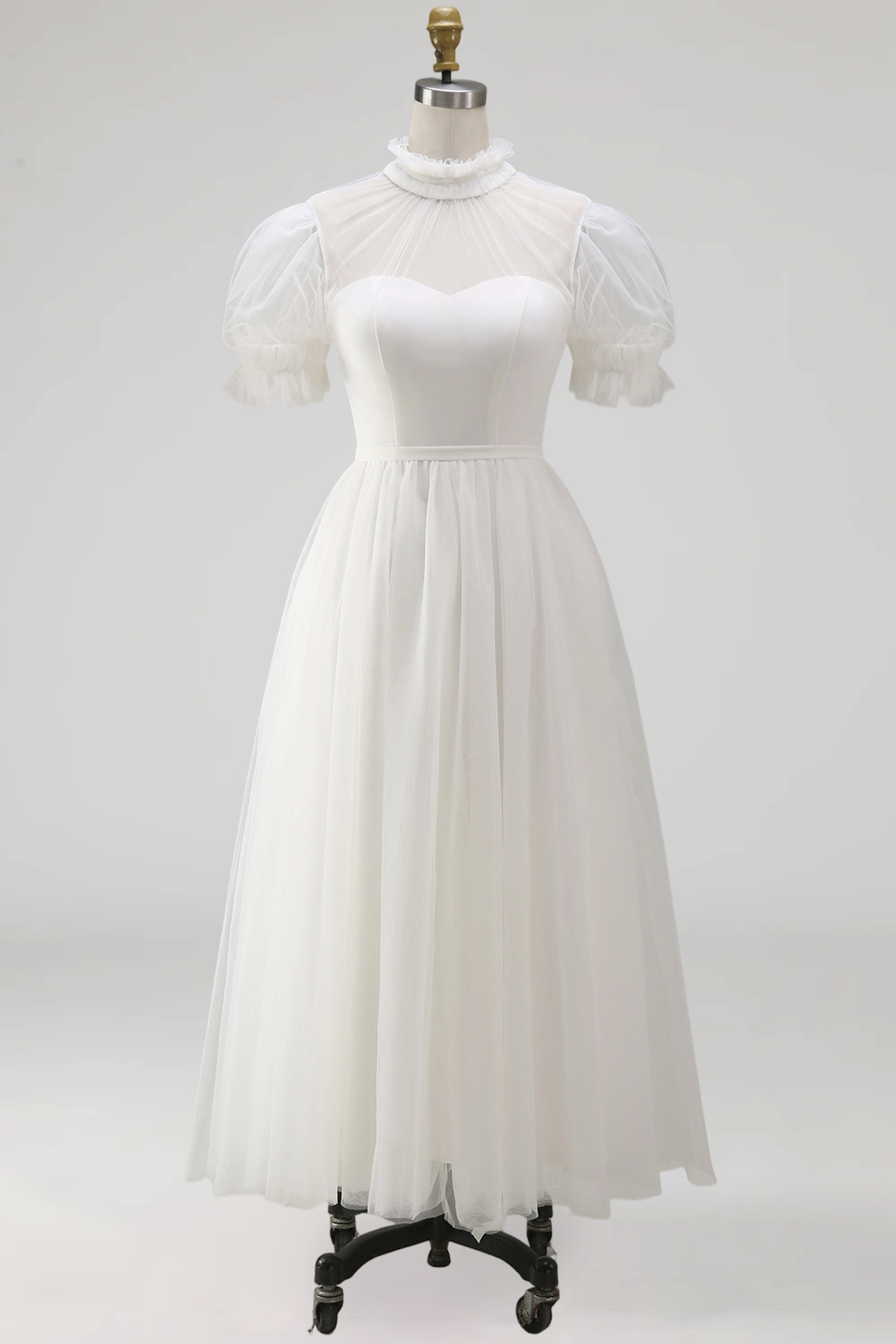 White High Neck A Line Long Tulle Bridal Shower Dress with Pockets